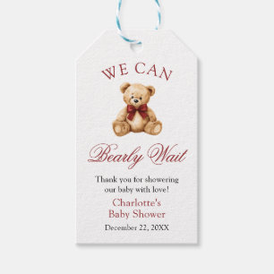 Red Bow Teddy Bear We Can Bearly Wait Baby Shower Gift Tags