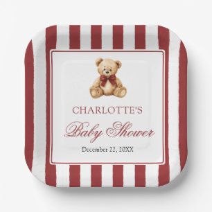 Red Bow Teddy Bear We Can Bearly Wait Baby Shower Paper Plate