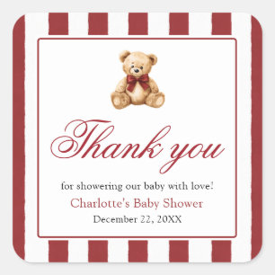 Red Bow Teddy Bear We Can Bearly Wait Baby Shower Square Sticker