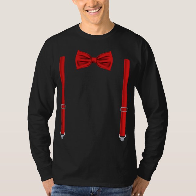 Red Bow Tie With Suspenders Funny Wedding T-Shirt (Front)