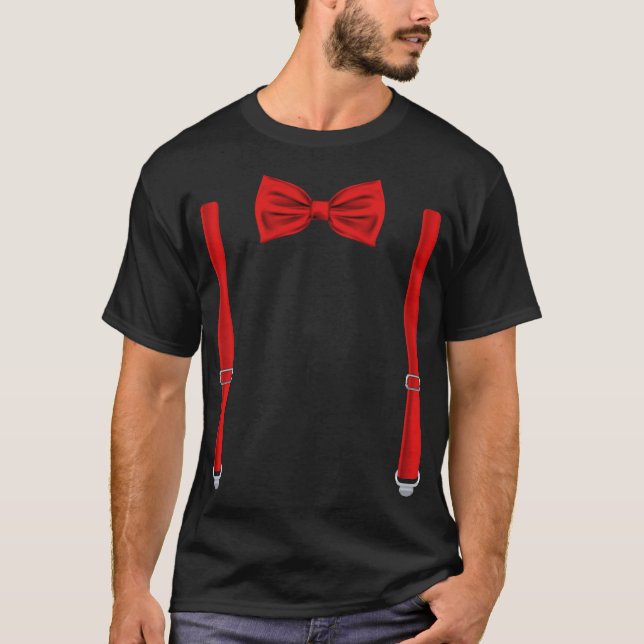 Red Bow Tie With Suspenders Funny Wedding T-Shirt (Front)