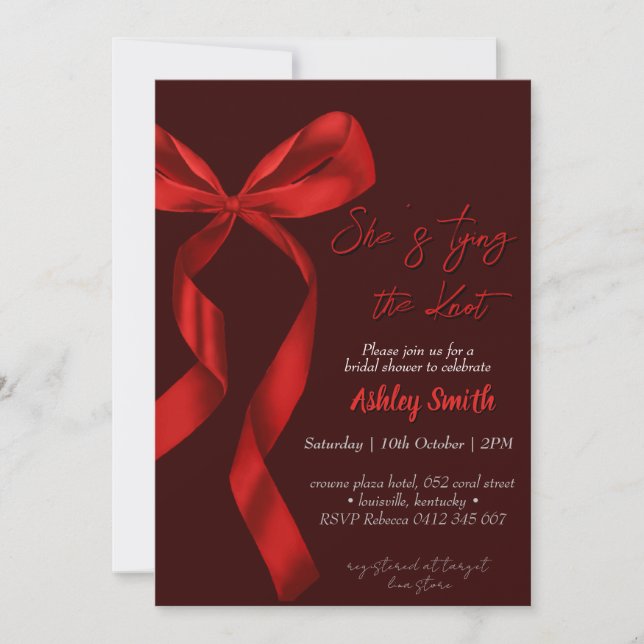 Red bow tying the knot bridal shower invitation (Front)