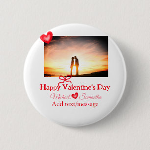 Red bow valentine's day add photo name heart love 6 cm round badge