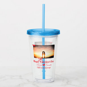 Red bow valentine's day add photo name heart love acrylic tumbler