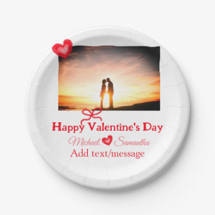 Red bow valentine's day add photo name heart love  paper plate
