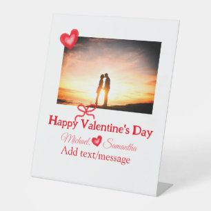 Red bow valentine's day add photo name heart love pedestal sign