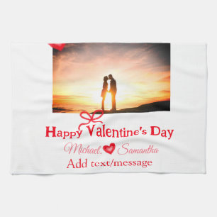 Red bow valentine's day add photo name heart love  tea towel