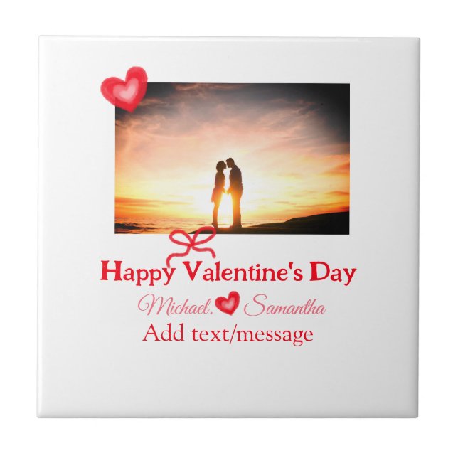 Red bow valentine's day add photo name heart love  tile (Front)