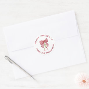 Red Bow Watercolor Berry Twig Merry Christmas Classic Round Sticker