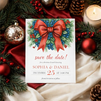 Red Bow Watercolor Christmas Brunch Save The Date