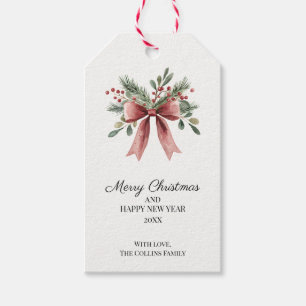 Red Bow Watercolor Green Holly Berries Christmas Gift Tags