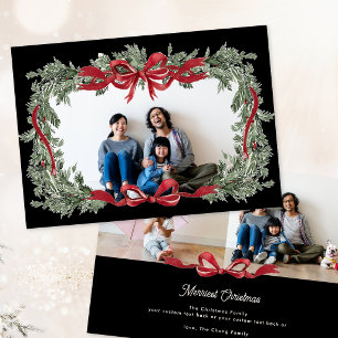 Red Bow Watercolor Greenery Wreath 3 Photo Collage Holiday Card