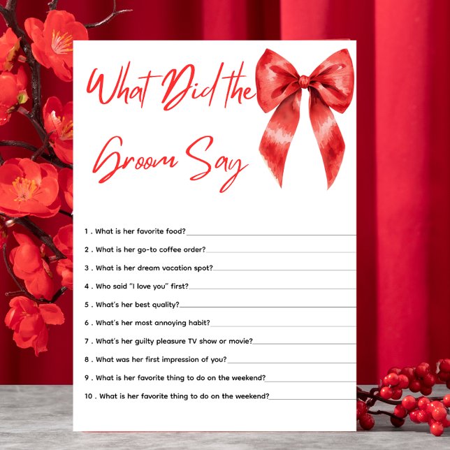 Red Bow What Did the Groom Say Bridal Shower Game Enclosure Card (Creator Uploaded)