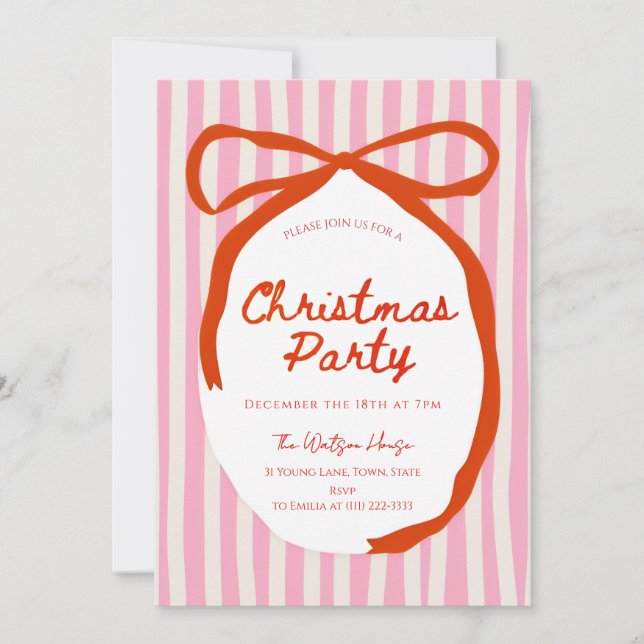 Red bow Whimsical Hand Drawn Christmas  Invitation (Front)