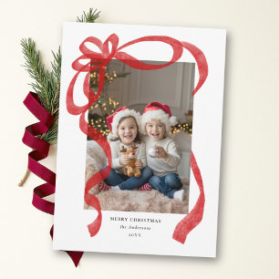 Red Bow Whimsical Simple Photo Family Christmas Holiday Card