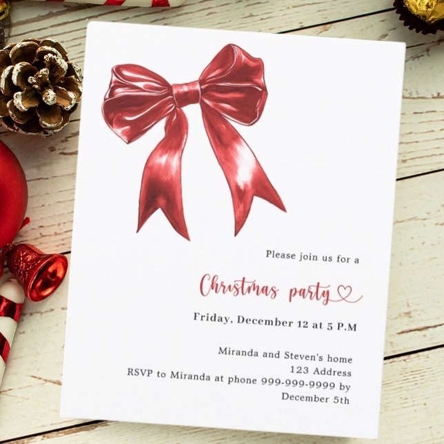 Red bow white Christmas Party invitation (Creator Uploaded)