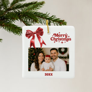 Red bow white Christmas photo Ceramic Ornament