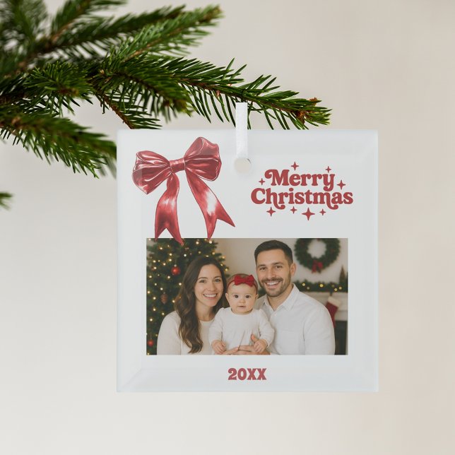 Red bow white Christmas photo Glass Tree Decoration (Creator Uploaded)