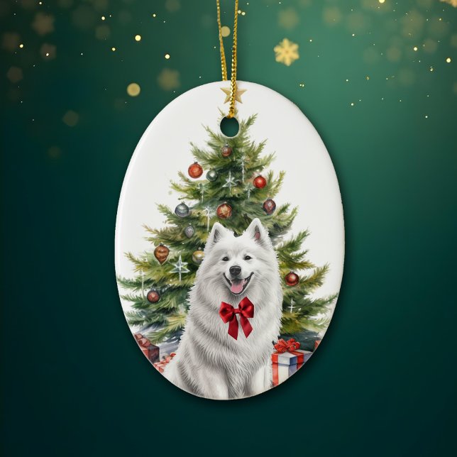 Red Bow White Samoyed Dog Christmas Ceramic Tree Decoration (Creator Uploaded)