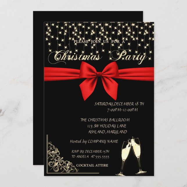 Red Bow,Wine Glass,Black Company Christmas Party Invitation (Front/Back)