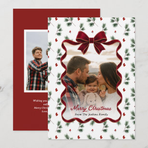 Red Bow Winter Greenery Photo Merry Christmas Card