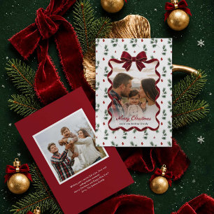 Red Bow Winter Greenery Photo Merry Christmas Card