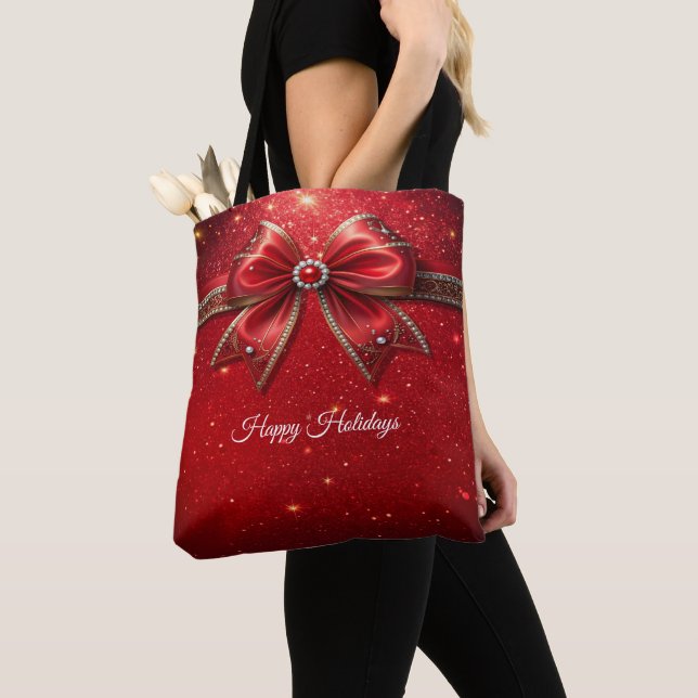 Red Bow with Pearls Tote Bag (Close Up)