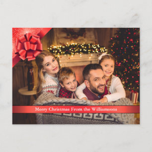 Red Bow with Ribbon Merry Christmas Photo Holiday Postcard