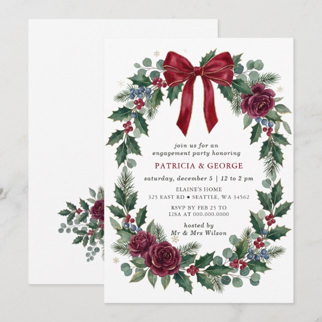Red Bow Wreath Christmas Engagement Party Invitation (Front/Back)