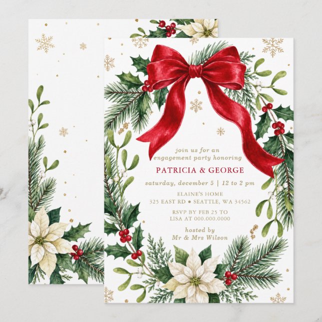 Red Bow Wreath Christmas Engagement Party Invitation (Front/Back)