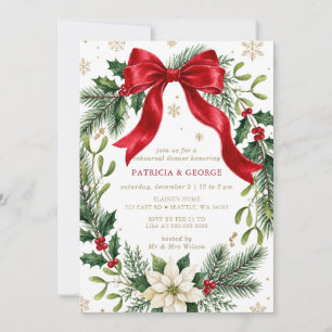 Red Bow Wreath Christmas Rehearsal Dinner Invitation