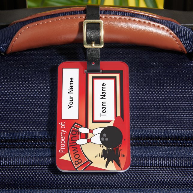 Red Bowling Pins and Ball 🎳 | Bowler Luggage Tag (Front Insitu 2)