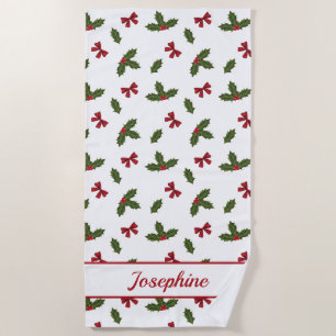 Red Bows And Christmas Holly Plants Pattern & Name Beach Towel