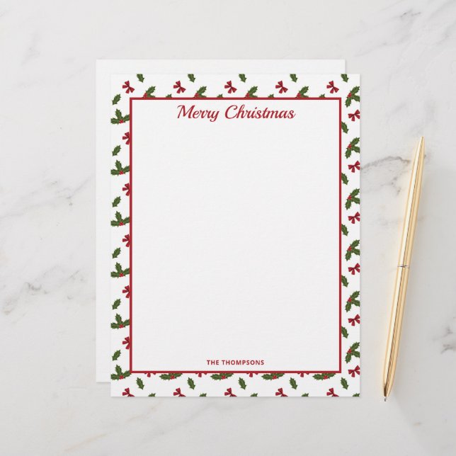 Red Bows And Christmas Holly Plants Pattern & Text Custom Letterhead (Front/Back In Situ)
