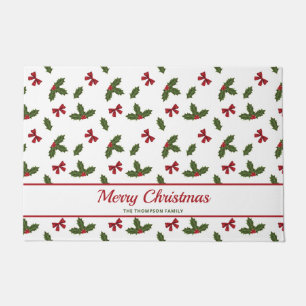 Red Bows And Christmas Holly Plants Pattern & Text Doormat