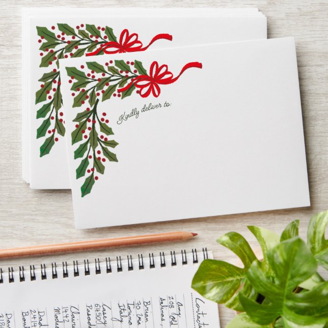 Red Bows and Holly Garland Christmas Card Envelope (Stacked)