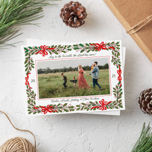 Red Bows and Holly Garland One-Photo Christmas Holiday Card