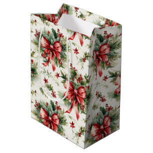Red Bows and Holly Leaves Medium Gift Bag
