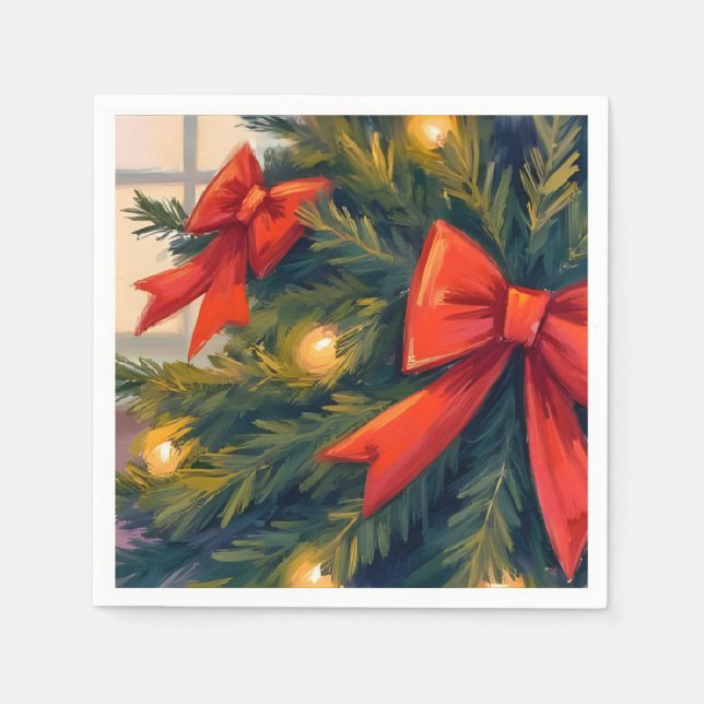 Red Bows Christmas Tree Watercolor Holiday Napkin (Front)