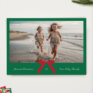 RED bows GREEN CREAM MERRY christmas photo Holiday Card