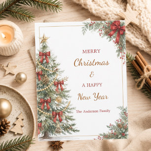 Red bows tree Christmas New Year Holiday Postcard
