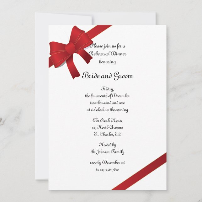 Red Bows Winter Wedding Rehearsal Dinner Invite (Front)