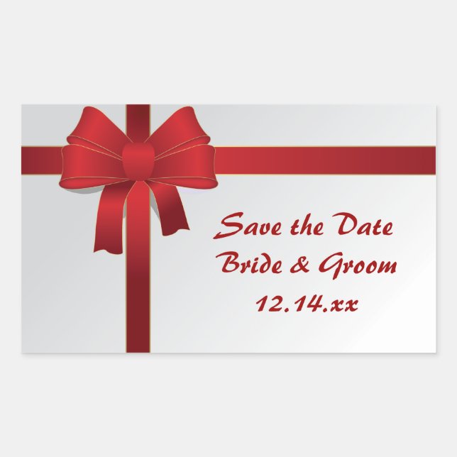 Red Bows Winter Wedding Save the Date Rectangular Sticker (Front)