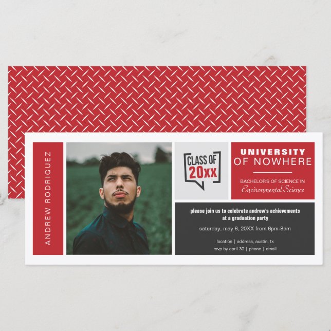 Red Boxes & Photo Wide Graduation Invitation (Front/Back)