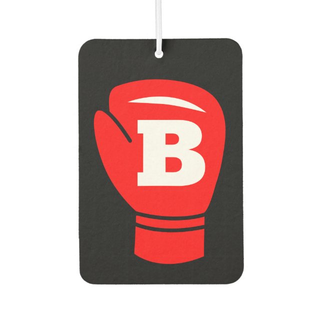 Red boxing glove with custom monogram hanging car air freshener (Front)