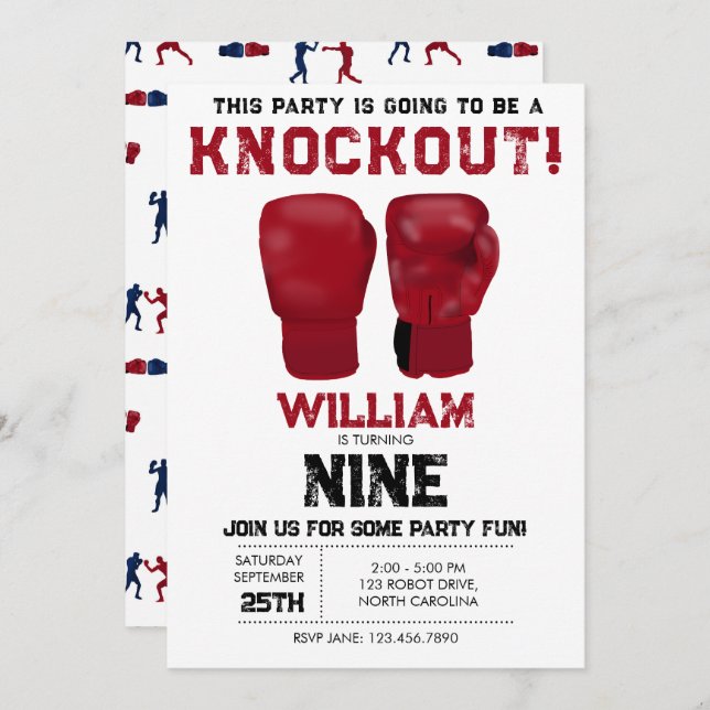 Red Boxing Gloves Kids Birthday Party Knockout Invitation (Front/Back)