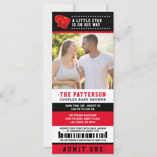 Red Boxing Ticket Couples Baby Shower Photo Invitation (Front)