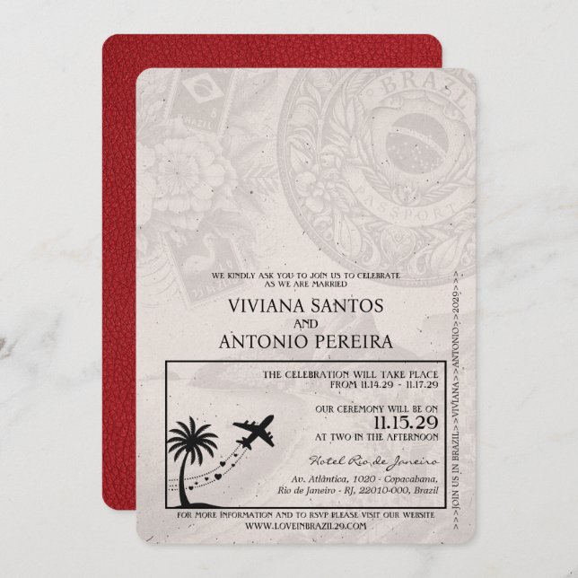 Red Brazil Passport Wedding Invitation (Front/Back)