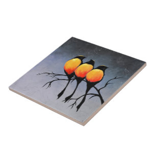 Red-breasted Black Birds - Drawing Art Collection Tile