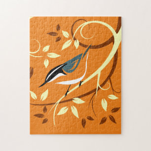 Red Breasted Nuthatch On Stylised Branch Jigsaw Puzzle